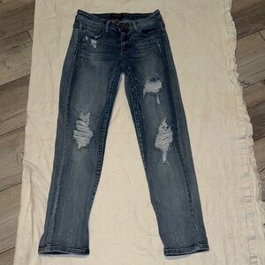 Blue Skinny Distressed Jeans with Rips and Full Length